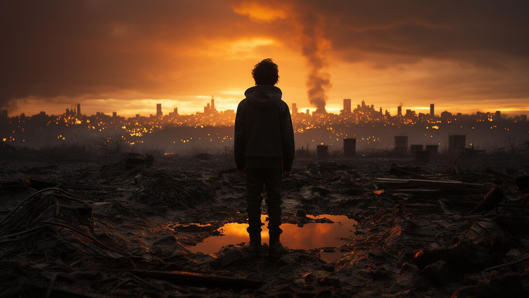 A boy watching the ruins after bombing of a city