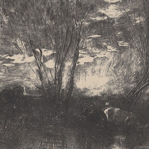 Charles François Daubigny, French, 1817-1878, Maurice le Garrec, publisher, French, d. 1937, Cows at a Watering Place (Vaches à l’abreuvoir), from the portfolio “Forty Clichés-Verres” (Quarante Clichés-Glaces), 1862 (printed 1921) Cliché-verre on paper, Museum purchase: anonymous gift 47.719.33