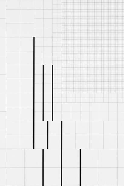 Attila Kovacs, Frame of Reference A4-B8, 1973-76, plus three metalines in position dependence 3-1980-84, 2011 triptych 2 acrylic and canvas mounted on wooden board, 60x60cm