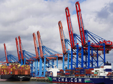 A panoramic view of container cranes at the Burchardkai Terminal in the Port of Hamburg, located in Hamburg, Germany