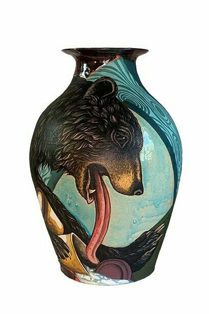 Bryan Burk, Black Bear, Just Right,
glaze, underglaze, stoneware,
26" x 17" x 17",
2024. Courtesy of the artist and Duane Reed Gallery