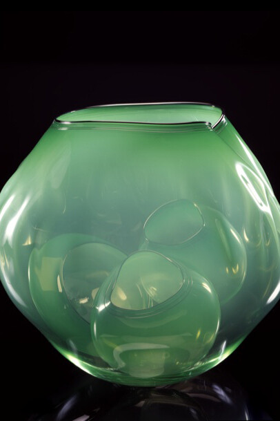 Dale Chihuly, Colonial Green Basket Set with Lamp Black Lip Wraps, Dimensions: 14 x 15 x 14", Piece Number: 00.1702.b4