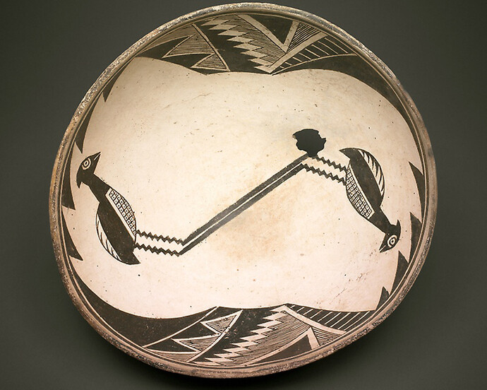 Mimbres branch of the Mogollon, Classic Mimbres Black-on-white
New Mexico, United States
Bowl with Mirror Pattern of Birds Framed by Geometric Motifs, A.D. 950/1150