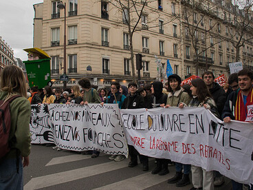 Protesters occupied the July Column during a demonstration against France’s 2023 pension reform in Paris on March 28, 2023