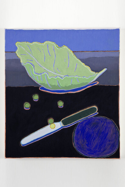 Holly Coulis, Lettuce, Peas, Knife, 2014, oil on linen, 18 x 16 inches