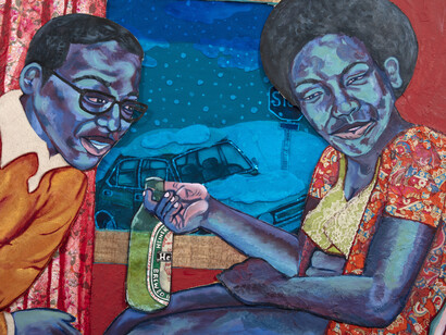 Kiyomi Quinn Taylor, Fortune telling groupers at chill phi chill. Oil, acrylic, colored pencil, paper, felt, fabric, canvas cut-outs, vinyl and thread on canvas, 62 7/8 x 66 1/2 inches (159.7 x 168.9 cm) (detail). Courtesy of Steve Turner