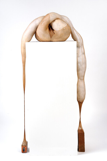 Victoria Dugger, Soft Machine 1, 2015, Encaustic, nylon, brick, 12 x 32 x 24 inches. Courtesy of Dedalus Foundation