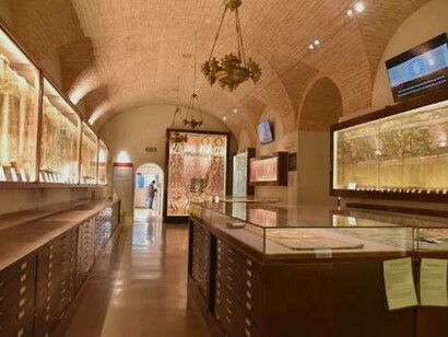 The display cases and cabinet drawers in the textile preservation room of the Jewish Museum of Rome. January 2023