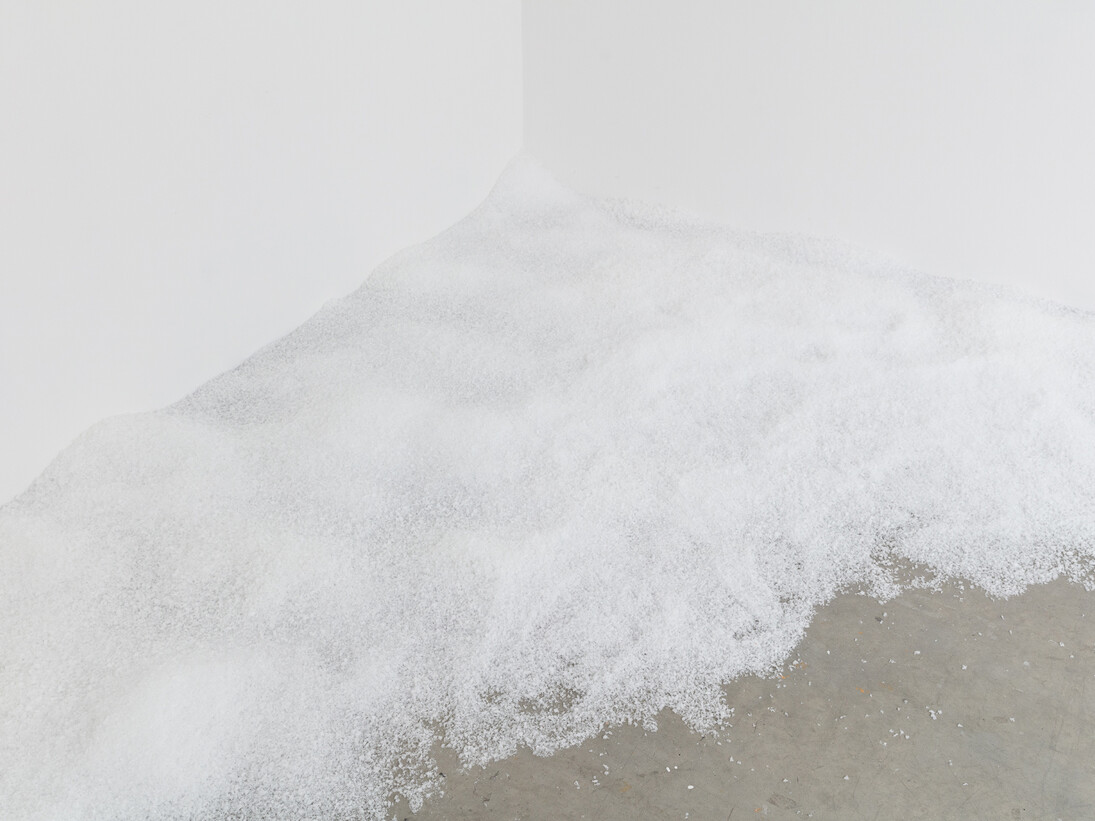 Snow, 2015, artificial snow on the floor of a room, variable dimensions, courtesy of Vilma Gold, London and Neue Alte Brücke, Frankfurt