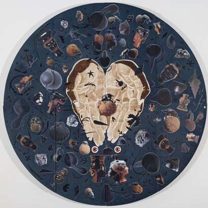 William Villalongo, Sphinx, 2023, acrylic, velvet flocking and paper collage on wood panel, 95x47 6/8x2 3/4 inches, copyright the artist. Courtesy of ©Villalongo Studio LLC and Susan Inglett Gallery, NYC