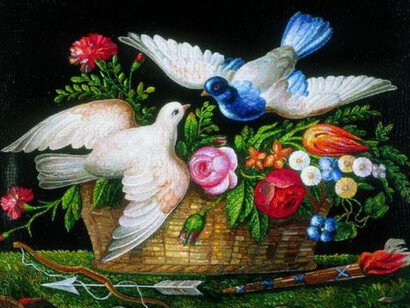 Cesto di fiori con simboli di Amore
