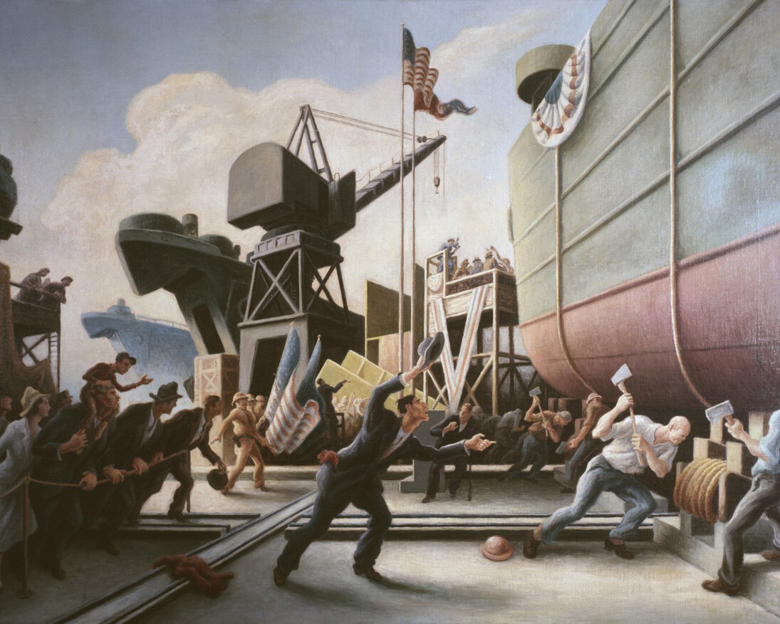 Thomas Hart Benton (American, 1889 – 1975), Cut the Line, 1944, oil on canvas, 39 x 54 in. (framed dim.), Navy Art Collection, Naval History and Heritage Command, Washington, D.C., 88-159-BO.