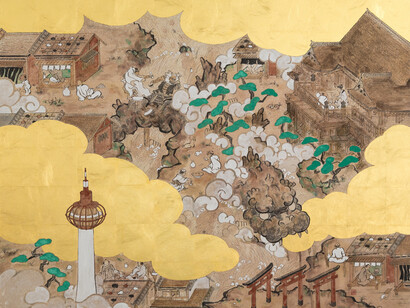 Hayaki Nishigaki, It's hard to see what is under your nose, 2023, 910×1167mm, wood board, washi, sumi, gold leaf, pigments. Courtesy the artist and Ronin Gallery

