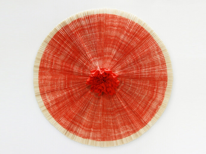 Ann Hamilton, Ciliary 15, wall-mounted lithograph and fabric assemblage with bamboo support, Courtesy of Ann Hamilton, Gemini G.E.L. and Robischon Gallery