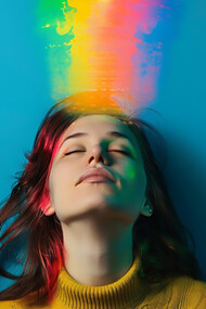 A portrait of a person with vibrant rainbow colors surrounding them, symbolizing the process of letting go of negative thoughts and embracing positivity