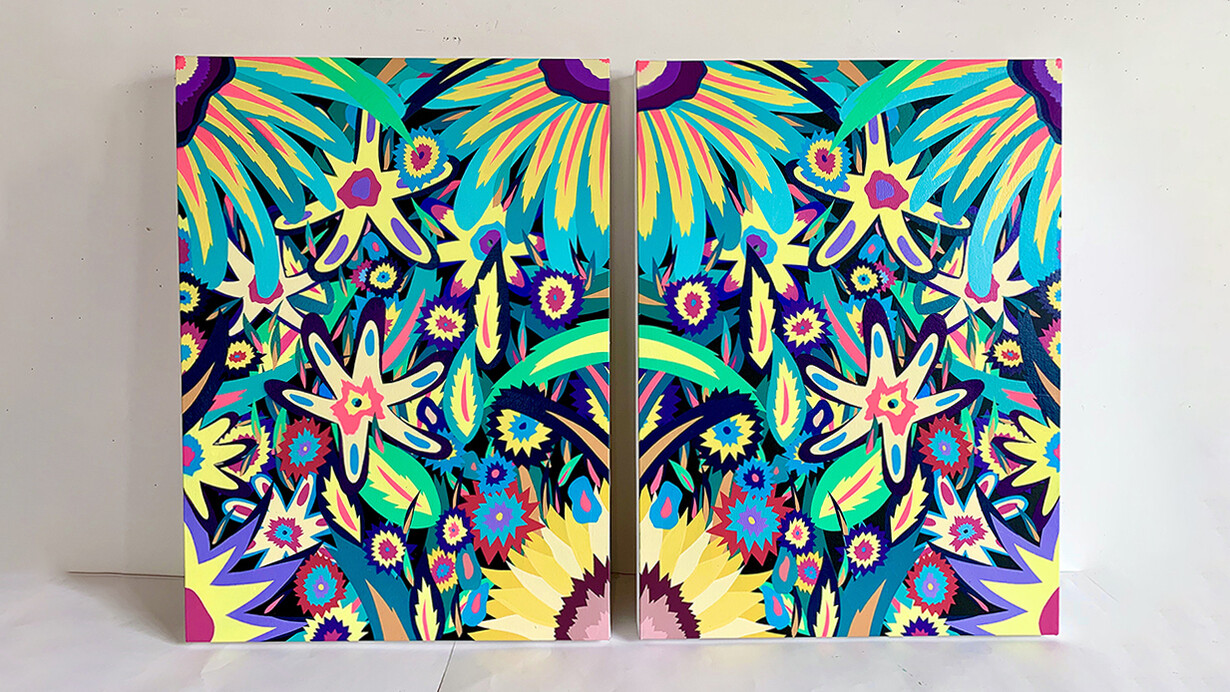 Neon Flowers (Glow in the Dark), Diptych, Michael Callas, spray paint and stencil on canvas