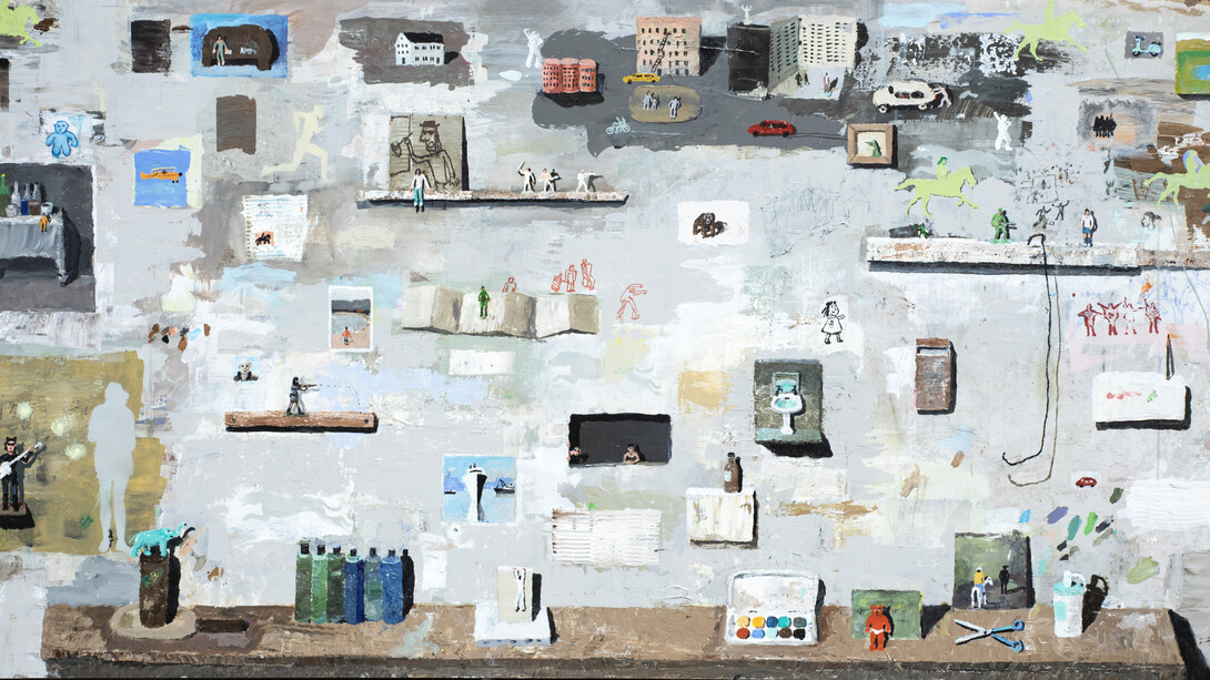 Ignacio Iturria, La Pared De Mi Estudio (details), 2021, Acrylic on linen, 39.37h x 78.74w in (100h x 200w cm). Courtesy of Lyle O. Reitzel Gallery