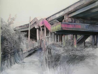 Laura Oldfield Ford M6 Junction 9, Bescot, 2011. Chalk, acrylic & ink on watercolour paper. Collection of Moses Luski