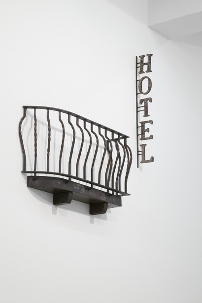 Juan Muñoz, Hotel DeClercq II, 1986, Iron, Balcony: 17-3/4 x 26-1/4 x 7-1/2 in. / 45 x 92 x 19 cm, Hotel sign: 29-3/8 x 4-3/4 x 11/16 in. / 74.5 x 12 x 1.5 cm