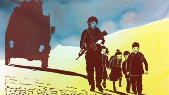 Laurie Lee-Georgescu, Soldier with Children, Linocut print with acrylic wash, 15 x 20 inches
