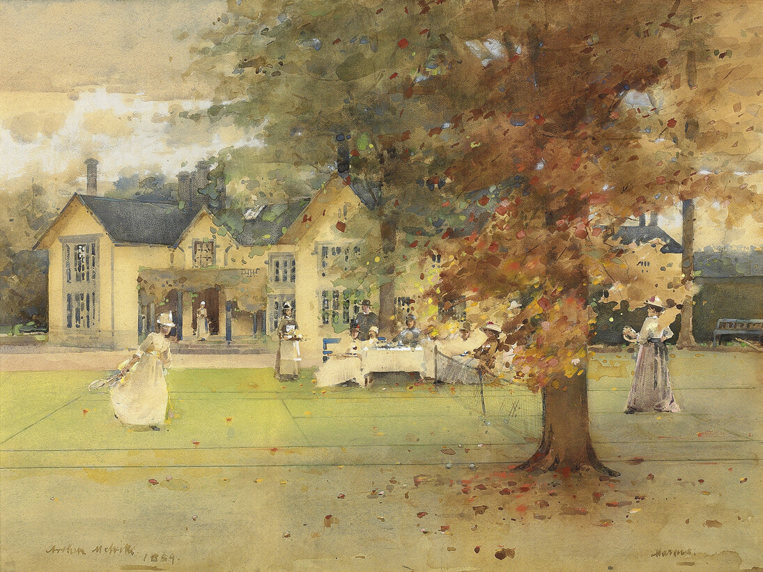 Arthur Melville, The Lawn Tennis Party at Marcus, 1889, Watercolour, pencil and bodycolour on paper, 54.7 x 75.2 cm, Collection: The Henry Barber Trust, The Barber Institute of Fine Arts, University of Birmingham, Photo © The Henry Barber Trust, The Barber Institute of Fine Arts, University of Birmingham
