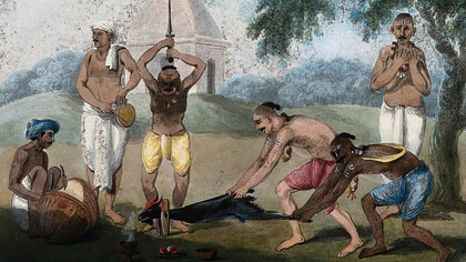 A goat being slaughtered at Kali Puja. Painting by an Indian artist dated between 1800 and 1899
