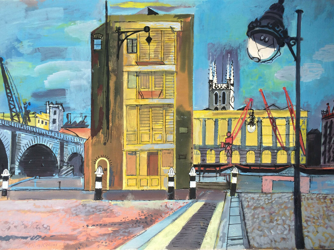 Roland Collins (b.1918), London Bridge & St. Saviours after the Blitz, gouache, 37 x 53 cm. From Michael Parkin Fine Art
