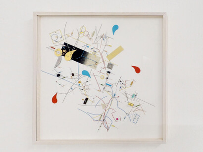 Ginecolthcal Almadan 01, 2019                                                                                                                                                                                    
electronic components, copper wires, varnish, lead, paper, acrylic paint, sand, steel, shell, gold leaf, mdf,framed,  84x84x5,5 cm | 33x33x2¼  inches      
Courtesy: The Flat – Massimo Carasi 
Photo credit: The Flat
