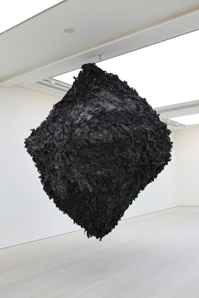 Myung Gyun You, The Floating World, 2012, dyed newspapers and mixed media, 120 x 120 x 156 in. Courtesy of the artist.