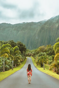 A woman enjoys a leisurely stroll along the black concrete road amidst the scenic backdrop of Ho’omaluhia Botanical Gardens in Oahu, offering serene views of majestic mountains