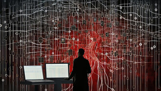 A hacker surrounded by streams of data, symbolizing the ongoing battle in cyber warfare and the critical role of cybersecurity