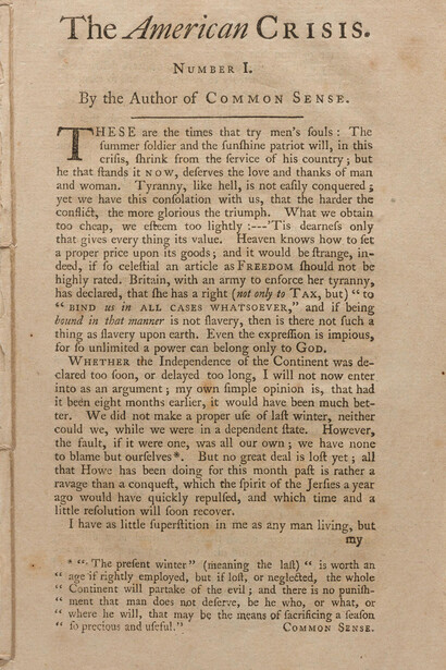Thomas Paine, The American crisis, no. 1 (detail), 1776–83. Courtesy of Brooklyn Museum
