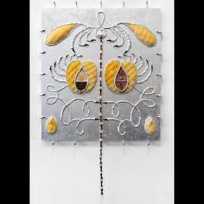 Estefania Puerta, Soltera, 2023, aluminum leaf, resin, plastic, stained glass, artist hair, quail eggs, roots, plant, nail polish, 40x36x3 inches. Courtesy the artist and Micki Meng, NYC