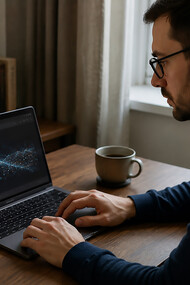 A writer immersed in the creative process collaborates with generative AI in a quiet home workspace, reflecting the evolving relationship between human thought and machine-assisted authorship