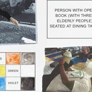 John Baldessari, Storyboard (in 4 Parts): Person With Open Book (With Three Elderly People) Seated Dining Table, 2013, Varnished inkjet print on canvas with acrylic and oil paint
205,4 x 237,2 cm
80 7/8 x 93 3/8 inches
Copyright John Baldessari
Courtesy Sprüth Magers Berlin London
