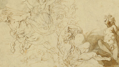 Cornelius Schut (Antwerpen 1597 – 1655 Antwerpen), alte Zuschreibung, Die Entführung der Deianira durch Nessus, ein Flussgott und eine Nymphe, Feder in Braun, laviert, Spuren einer Unterzeichnung mit Graphit, bez.: Cornelis Schut, Graphische Sammlung, Wallraf-Richartz-Museum