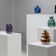 Monira Al Qadiri, OR-BIT 1-6 (2016-18). 3D printed plastic, automotive paint, levitation module, Approx. 30 x 30 x 30 cm each. Courtesy of the artist. Photo: Markus Johansson