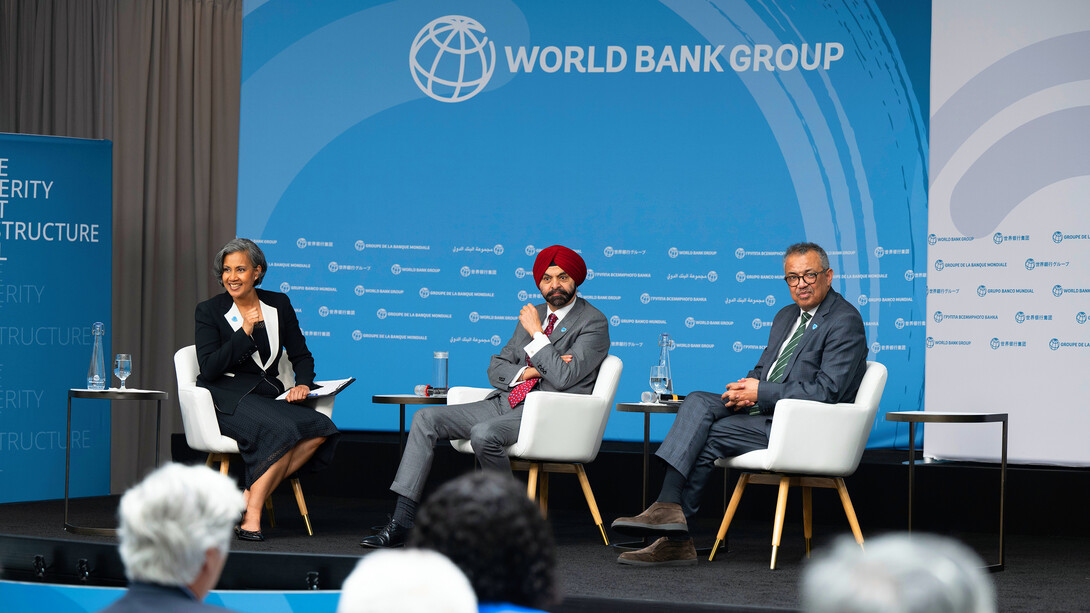 Ajay Banga (middle), President of the World Bank Group, and Tedros Adhanom Ghebreyesus (right), Director-General of the World Health Organisation, engage in a discussion with the audience at the World Bank/IMF Spring Meetings in April, 2024