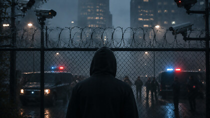 A solitary figure stands before a surveilled city, where security and control blur the boundaries of freedom