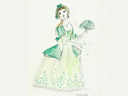 Emanuele Luzzati, bozzetti di costumi per “Il matrimonio segreto” di Domenico Cimarosa: Carolina. Matita, pastello e tempera su carta, 1981. Regia di Massimo Scaglione, produzione del Teatro Regio di Torino