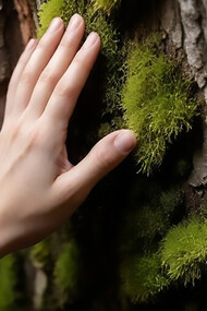 A hand gently touching moss in a natural setting, symbolizing efforts in deforestation prevention