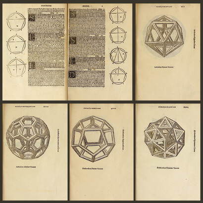 Two pages from Luca Pacioli book, "De Divina Proportione" ("The Divine Proportion"), showing some drawings by Pacioli beside the text (all these examples regard the properties of the pentangle), and four tables from the about sixty drawn by Leonardo da Vinci, showing the structure of regular and semi-regular solids.