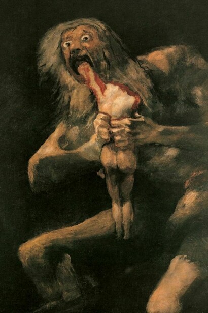 Saturn Devouring His Children, 1820-1823.   
Oil on plaster transferred to canvas, 143.5 x 81.4 cm.   
Museo Nacional del Prado, Madrid.

