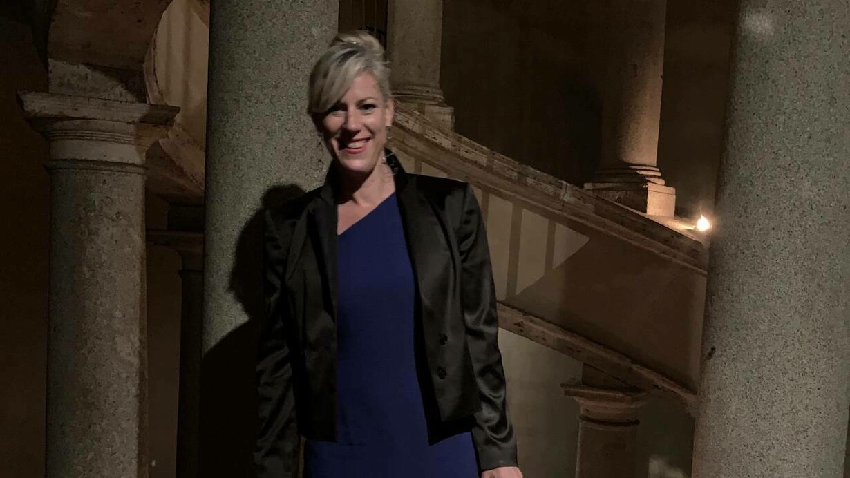 Jill Alexy at the Bramante Staircase in the Vatican Museums in Vatican City
