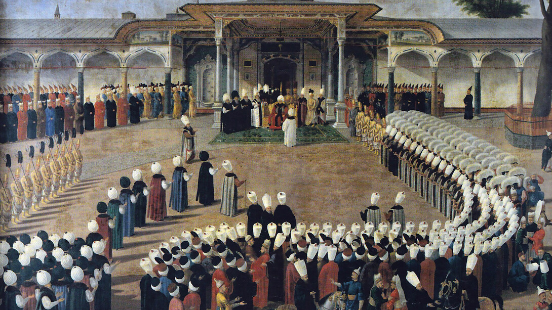 Sultan Selim III holding an audience in front of the Gate of Felicity, with courtiers assembled in strict protocol. Oil on canvas. Topkapı Palace Museum, Istanbul (Inv. 17/163), Turkey
