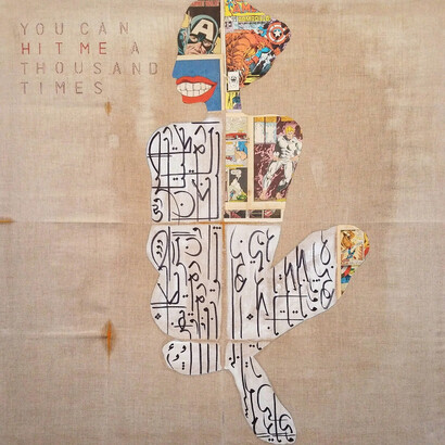 Jason Noushin, You Can Hit Me a Thousand Times, 2017, oil, shellac, turmeric, pencil, ink and comic book leaves on linen, 48 x 48 inches. 