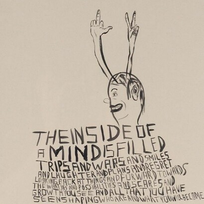 Chris Johanson, The Inside of a Mind, c. early 1990s, Acrylic on paper, 15 x 17 in. Collection of Mariallidia Marcotulli, Image courtesy the artist