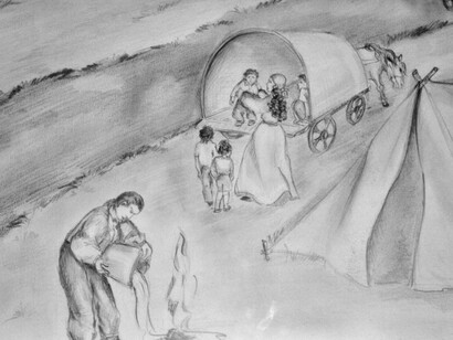 Disegno di Rasim Sejdić, "il carro dei Rom"