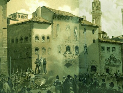 Desenho de Don Ricardo Balaca: Tormento de Frei Jerônimo Savonarola. Ele foi um padre dominicano que ficou conhecido por supostas profecias, pela destruição de objetos de arte e artigos de origem secular e por seus apelos de reforma da Igreja Católica