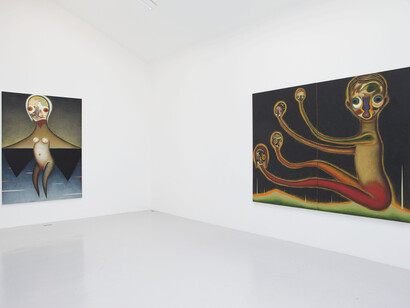 View of the exhibition Izumi Kato, Galerie Perrotin, Paris, June 12 - July 26, 2014. From left to right: Untitled 2014, Oil on canvas, 224 x 162 cm / 88 1/4 x 63 3/4 inches (in 2 panels) & Untitled 2012, Oil on canvas, 194 x 260,6 cm / 76 1/2 x 102 1/2 inches (in 2 panels), Photo : Claire Dorn, Courtesy Galerie Perrotin
